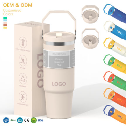 20oz 30oz Leakproof Stainless Steel Flip Straw Travel Tumbler with Handle – Color 3