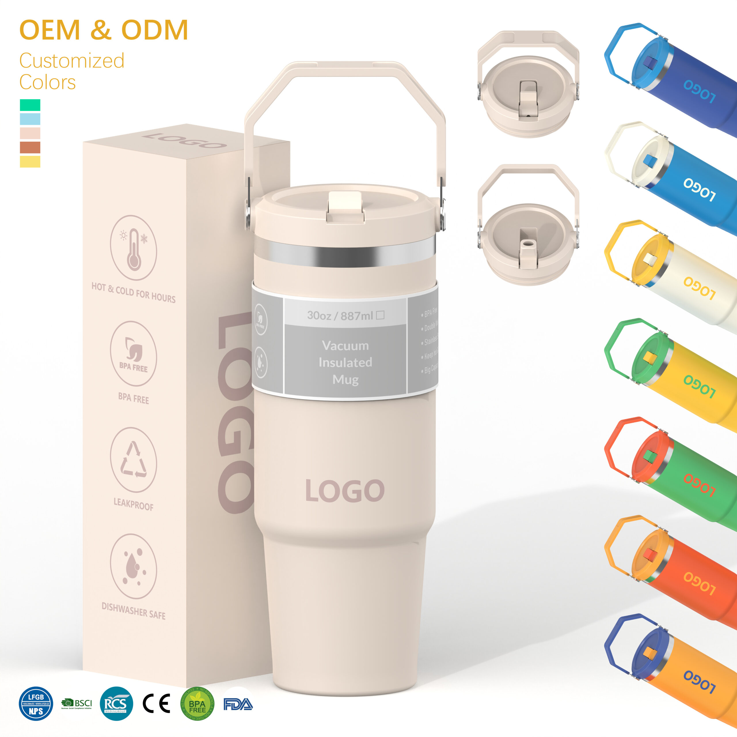 20oz 30oz Leakproof Stainless Steel Flip Straw Travel Tumbler with Handle – Color 3