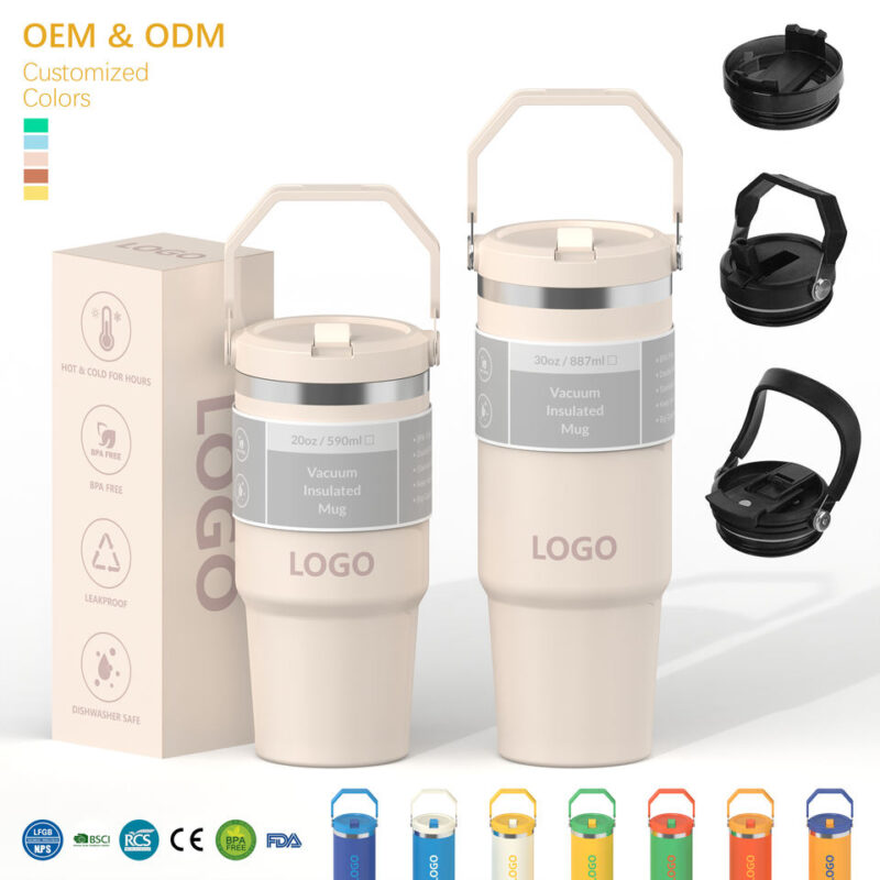 20oz 30oz Leakproof Stainless Steel Flip Straw Travel Tumbler with Handle product image 1