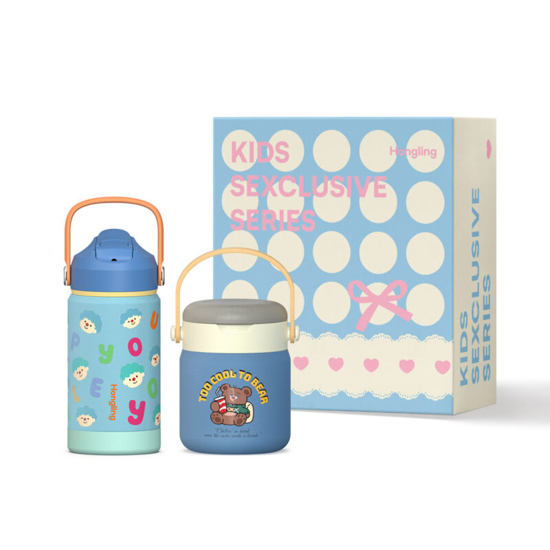 Children's Double Wall Insulated Stainless Steel Bottle Set With Handle Cup & Lunch Box
