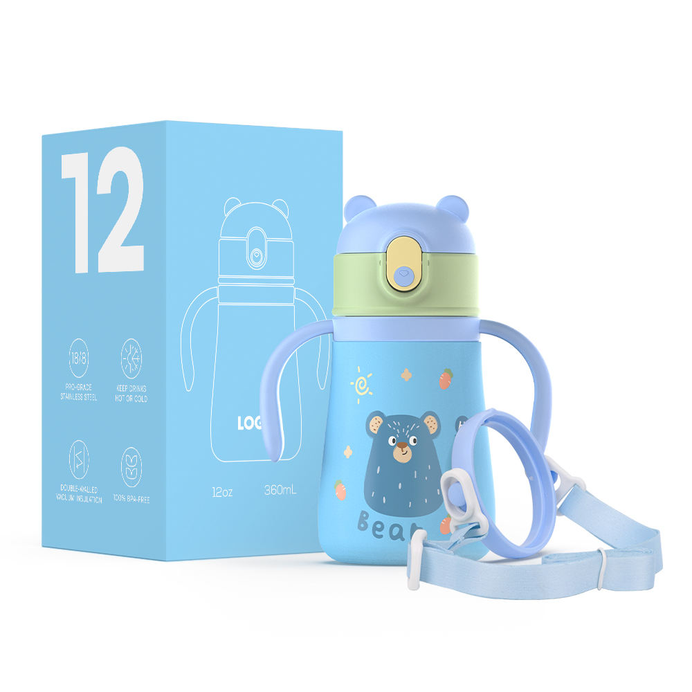 12oz-stainless-steel-vacuum-insulated-kids-1 12oz Stainless Steel Vacuum Insulated Kids Water Bottle for Toddlers With Switchable Handles and Straps - Product Image 1
