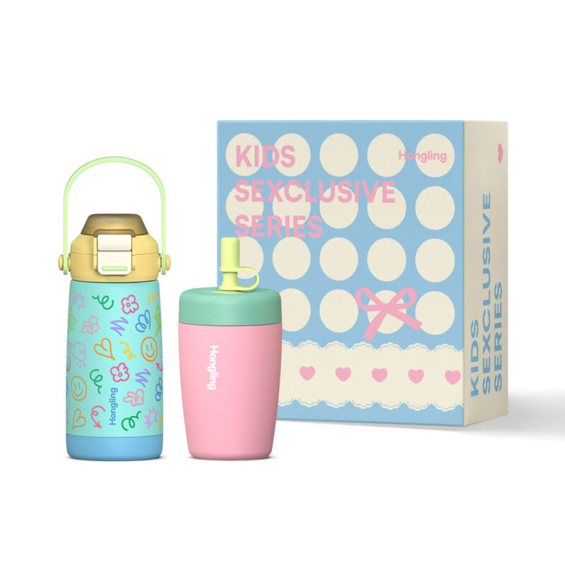 Modern Kids Gift Bundle Double Wall Stainless Steel Water Bottle Handle Cup Lunch Box Set