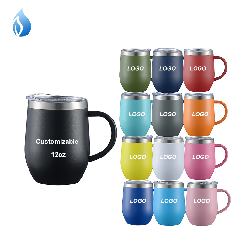 ZY 12oz Print logo Double Wall Stainless Steel Wine Tumbler Insulated Coffee Mug Egg Shape Travel Print Cup with Handle product image 1