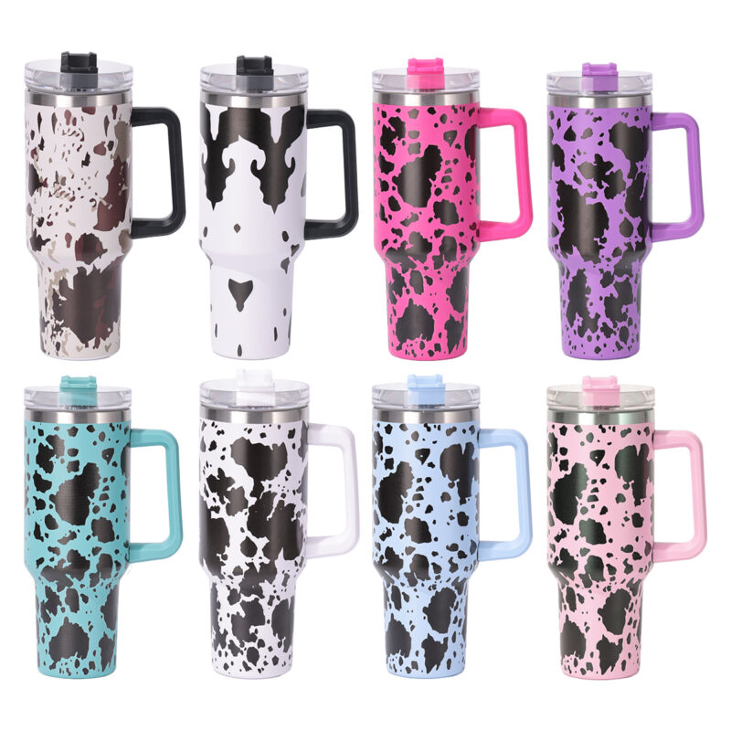 American Style 40 Oz Stainless Steel Cow Pattern Travel Flowstat Handle Tumbler Reusable Thermos Bottles Mugs product image 2