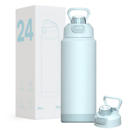 Water Bottle Flask Stainless Steel Reusable Vacuum Insulated Wide Mouth Sports Water Bottle with Straw Lid - Sky Blue color