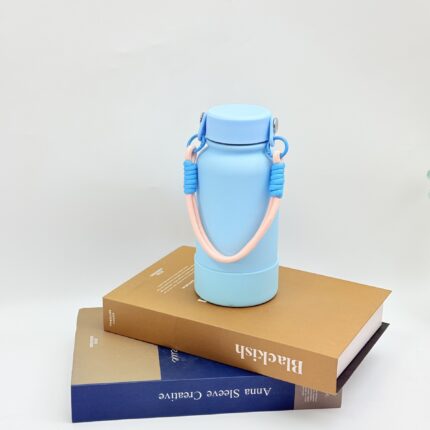 New Style Stainless Steel Water Bottle Powder Painting Rubber Painting with Ribbon Handle Custom Logo Printing - Sky Blue color