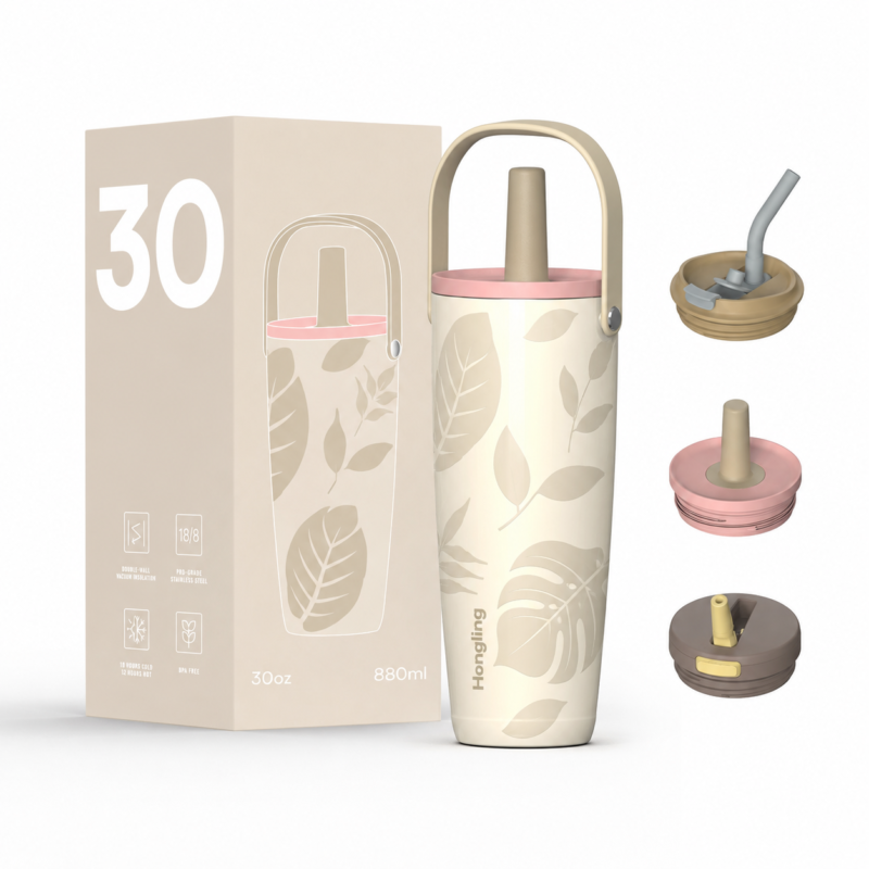 Hong Ling Stainless Steel Tumbler 30oz Handle Travel Mug with Dust-proof Lid Patent Protected Insulated Tumbler product image 1