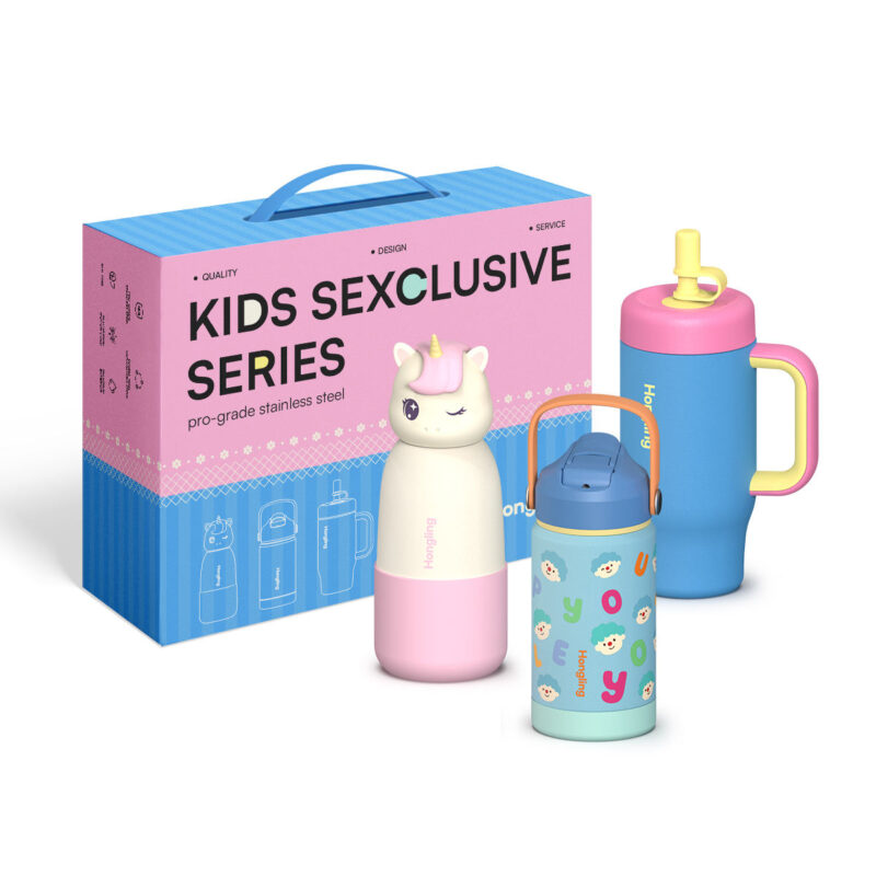 Hong Ling Logo Custom 304 Food Grade Stainless Steel Kids Tumbler Cartoon Cap Sweat-Proof