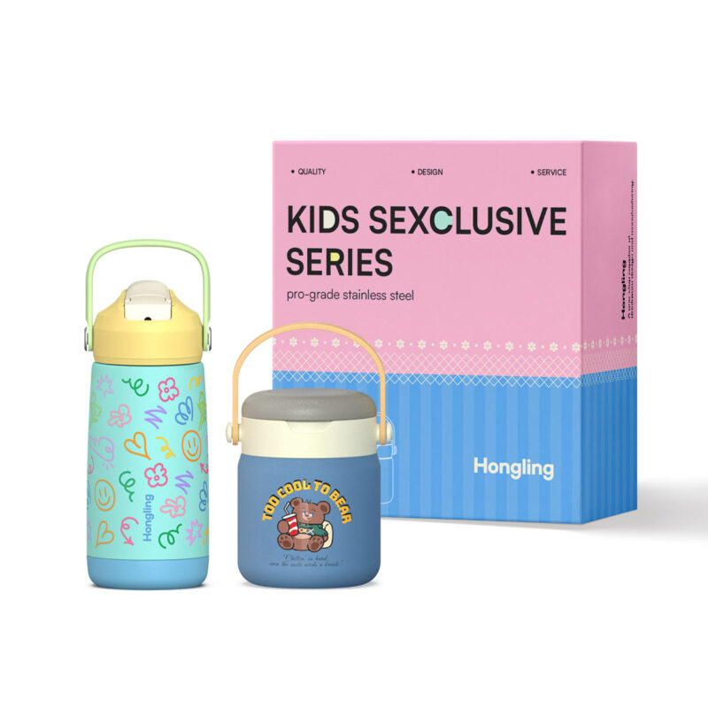 Double Wall Stainless Steel Kids Gift Bundle Insulated Bottle Handle Cup Lunch Box