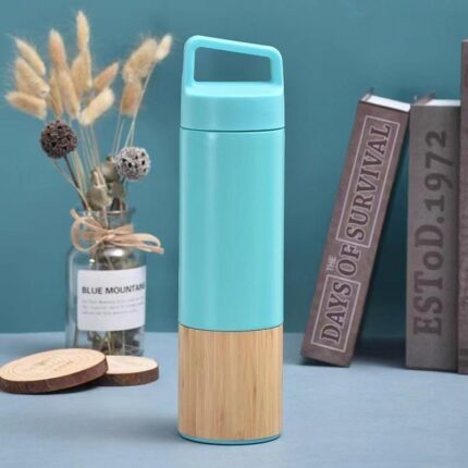 Peiway Custom Logo Stainless Steel Thermos Insulated Tumbler Vacuum Flask Drinking Thermal Eco Friendly Bamboo Water Bottle - Sky Blue