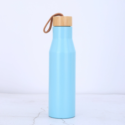 304 Double Wall Stainless Steel Sports Cup Large Capacity 500ml Vacuum Insulated Water Bottle Flask With Bamboo Lid - Sky Blue
