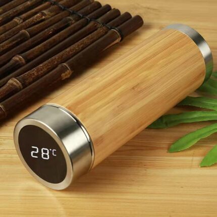 2023 Bamboo Shell Cup Stainless Steel Thermal Tea Cup Traveling Water Bottle Vacuum Flask with Led Bamboo Cups for Kids - primary color
